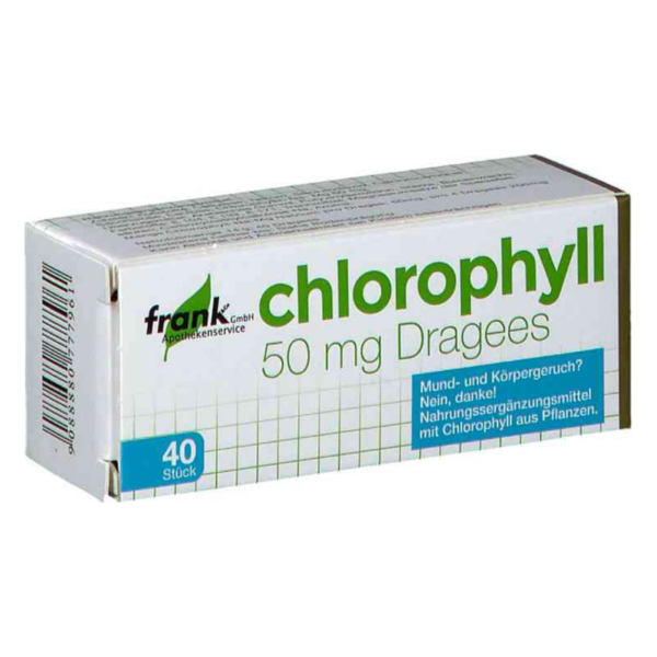 Verpackung von Chlorophyll Dragees, 50 mg, mit Gesundheitsinformationen und Hinweis zu Chlorophyll aus Pflanzen.