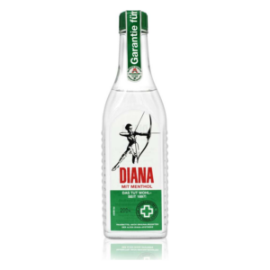 Flasche mit klarer Flüssigkeit, beschriftet mit 'DIANA mit Menthol' und einem historischen Logo mit einem Bogenschützen.