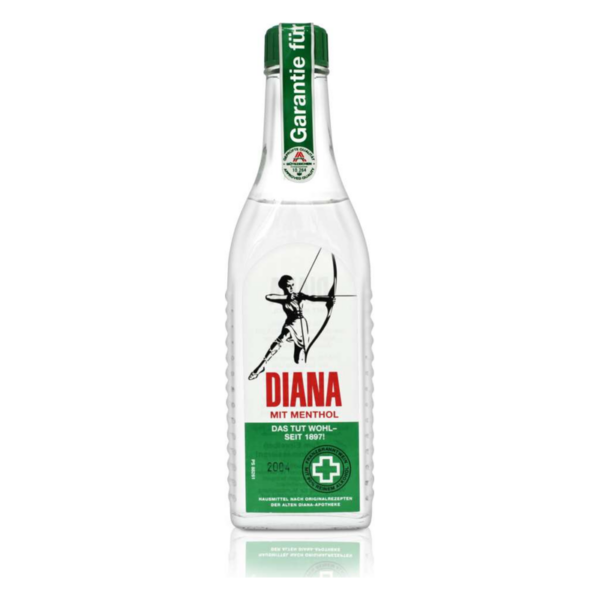 Flasche mit klarer Flüssigkeit, beschriftet mit 'DIANA mit Menthol' und einem historischen Logo mit einem Bogenschützen.