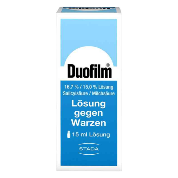 Duofilm Lösung gegen Warzen in einer blauen Packung mit der Angabe von Salicylsäure und Milchsäure.
