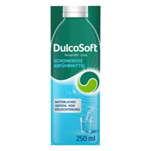 Flasche DulcoSoft, ein sanftes Abführmittel, mit grünem Design und abgerundeten Formen, 250 ml.