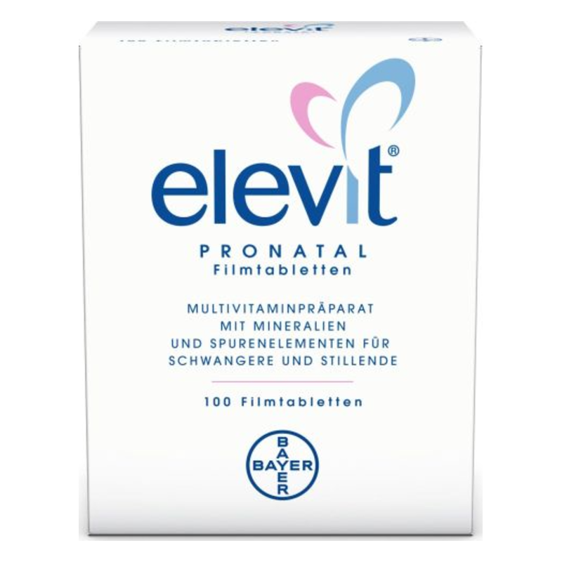 Packung mit Elevit Prenatal Filmtabletten, einem Multivitaminpräparat für Schwangere und Stillende.