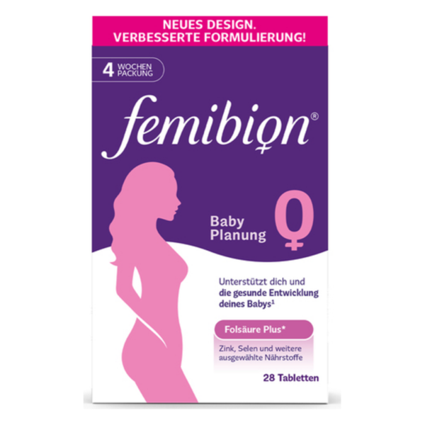 Verpackung von femibion Babyplanung, unterstützt die gesunde Entwicklung des Babys, enthält 28 Tabletten.