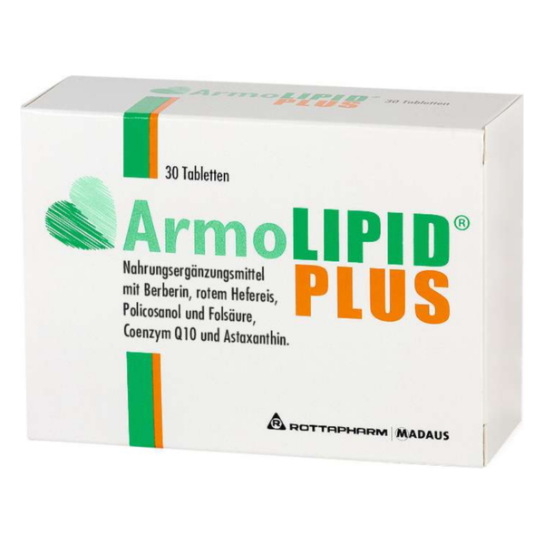 Verpackung von ArmoLIPID PLUS, einem Nahrungsergänzungsmittel mit verschiedenen Inhaltsstoffen, in einer weißen Box.
