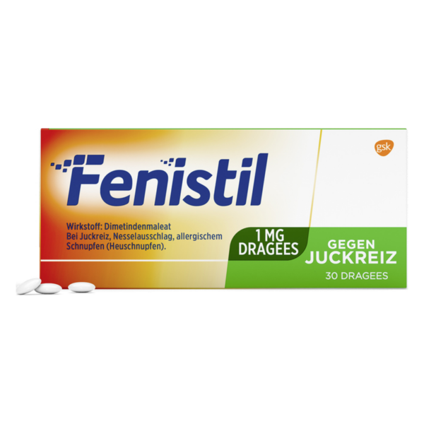 Packung Fenistil Dragees mit 1 mg Dimetindenmaleat gegen Juckreiz, enthält 30 Stück.
