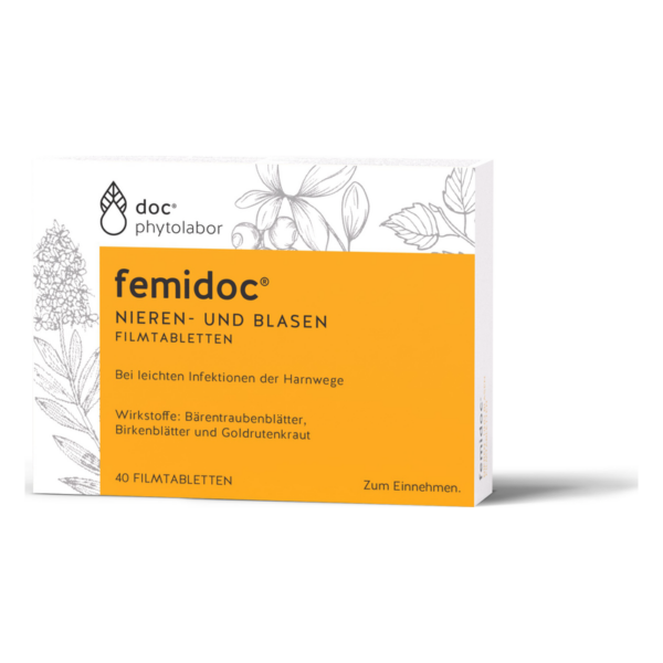 Verpackung von femidoc Nieren- und Blasen Filmtabletten mit Angaben zu Inhaltsstoffen und Anwendungshinweisen.