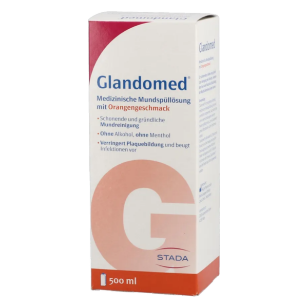Verpackung der medizinischen Mundspüllösung Glandomed mit Orangengeschmack, 500 ml, alkoholfrei und ohne Menthol.