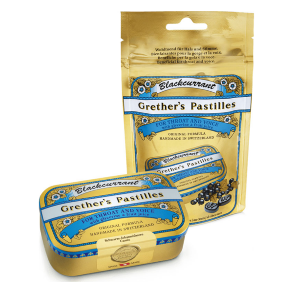 Goldene Verpackung von Grether's Pastillen für Hals und Stimme, Anmeldung in Originalrezeptur mit schwarzer Johannisbeere.