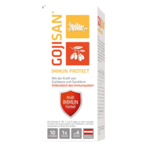 Verpackung von Gojisan Immun Protect mit Gojibeeren und Sanddorn zur Unterstützung des Immunsystems