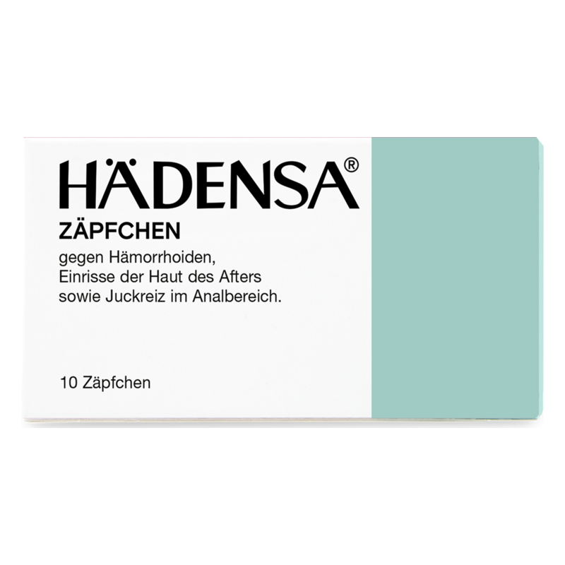 Verpackung von HäDensa Zäpfchen gegen Hämorrhoiden, Juckreiz und Hautrisse im Analbereich.
