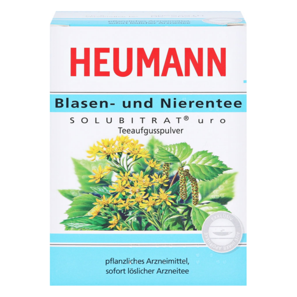 Verpackung von Blasen- und Nierentee, mit gelben Blüten und grünen Blättern auf der vorderen Abbildung.