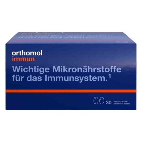 Verpackung von Orthomol Immun, dunkelblauer Karton mit orangefarbener Schrift über Mikronährstoffe für das Immunsystem.
