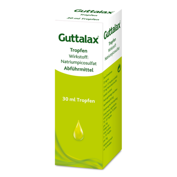 Verpackung von Guttalax Tropfen, 30 ml, mit grünem Design und Informationen zu Wirkstoff und Anwendung.
