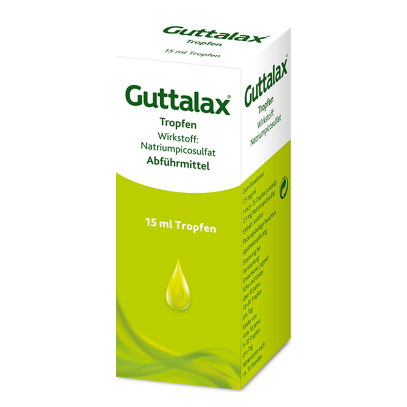 Verpackung von Guttalax Tropfen, die Natriumpicosulfat als Wirkstoff zur Abführmittelanwendung enthält.