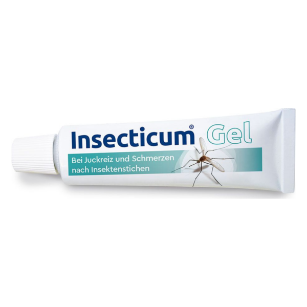Tube mit Insecticum Gel zur Linderung von Juckreiz und Schmerzen nach Insektenstichen, abgebildet mit Mücke.