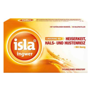 Packung mit 60 Hals– und Hustenpastillen aus Ingwer, bezeichnet mit "Linderung bei Heiserkeit" und "mit Honig".