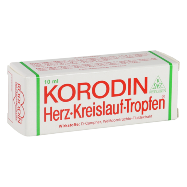Verpackung von Korodin Herz-Kreislauf-Tropfen, 10 ml, mit Angaben zu Inhaltsstoffen und Anwendung.