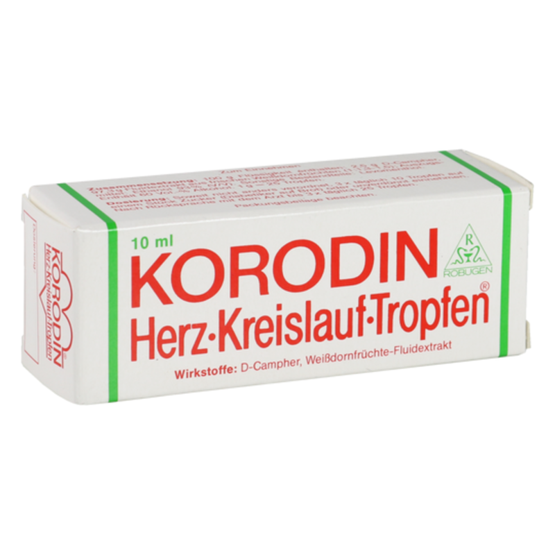 Verpackung von Korodin Herz-Kreislauf-Tropfen, 10 ml, mit Angaben zu Inhaltsstoffen und Anwendung.