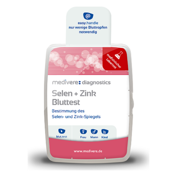 Verpackung eines Selen- und Zink-Bluttests mit Angaben zu Anwendung und Zielgruppen auf einem weißen Hintergrund.