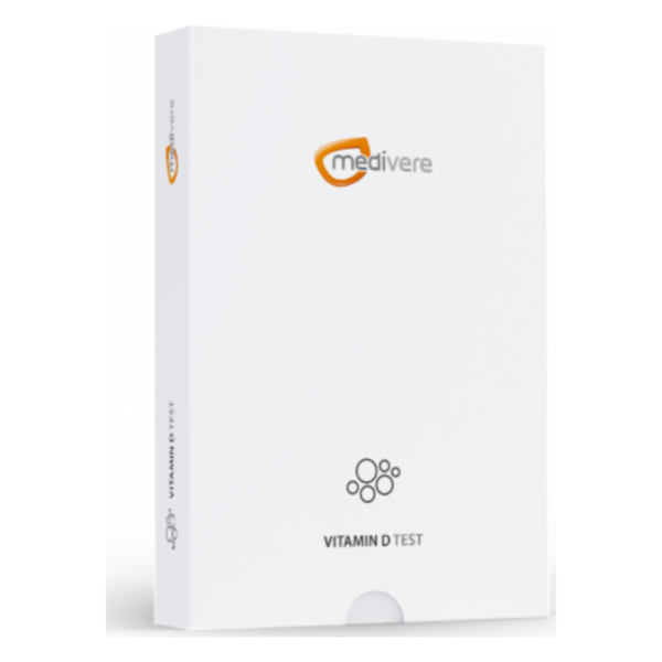Verpackung des Vitamin D Tests von medivere, mit einfachem weißem Design und Logo.