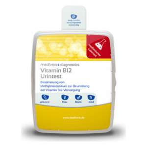 Verpackung des Vitamin B12 Urintests mit Informationen zur Anwendung und Zielgruppen.