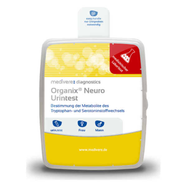 Verpackung des Organix® Neuro Urintests zur Bestimmung von Tryptophan- und Serotoninstoffwechselmetaboliten.