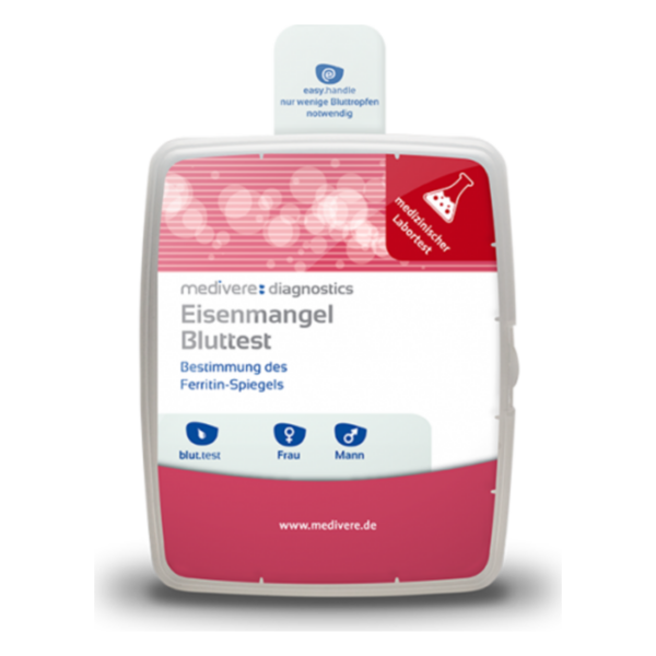 Verpackung des Eisenmangel-Bluttests zur Bestimmung des Ferritin-Spiegels mit klaren Anweisungen und Symbolen.