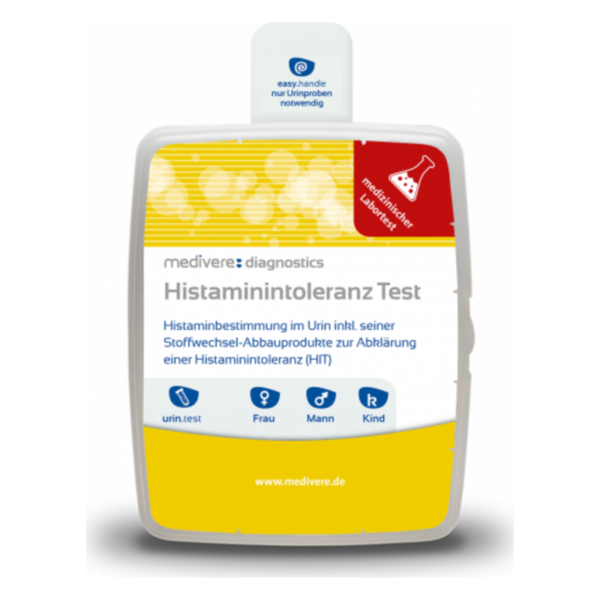 Verpackung eines Histaminintoleranz-Tests zur Bestimmung im Urin, mit klaren Anweisungen und Symbolen für die Anwendung.
