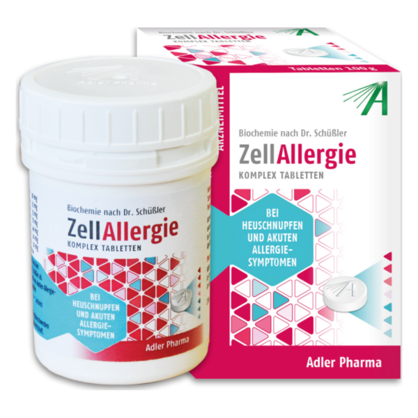 Packung und Dose mit ZellAllergie Tabletten zur Linderung von Heuschnupfen und akuten Allergie-Symptomen.