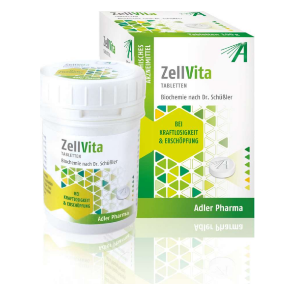 Packung und Dose ZellVita Tabletten, Hinweis bei Kraftlosigkeit und Erschöpfung, von Adler Pharma.