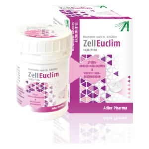 Packung von ZellEuclim Tabletten zur Unterstützung bei Zyklusunregelmäßigkeiten und Wechseljahrsbeschwerden.