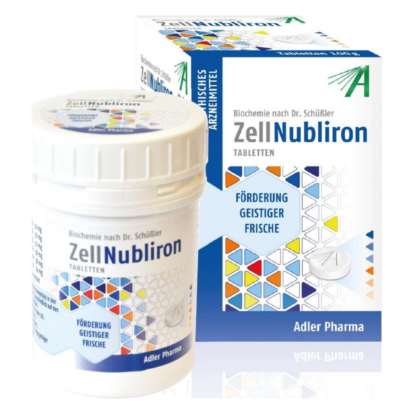 Behälter mit ZellNubliron-Tabletten zur Förderung geistiger Frische, umgeben von einer Verpackung mit geometrischen Mustern.