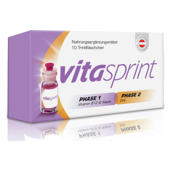 Karton mit Nahrungsergänzungsmittel in Trinkfläschchen, enthält Vitamin B12, Niacin und Zink.