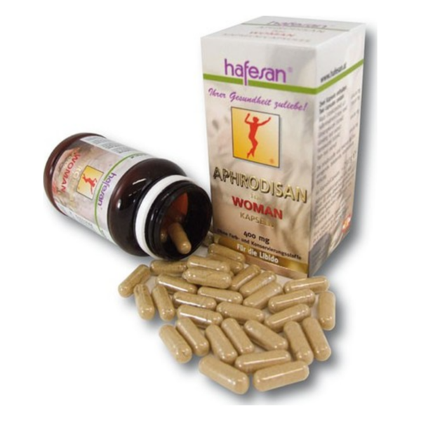Braune Kapseln aus einer geöffneten Flasche und einer Packung mit dem Aufdruck "Aphrodisan für Frauen"