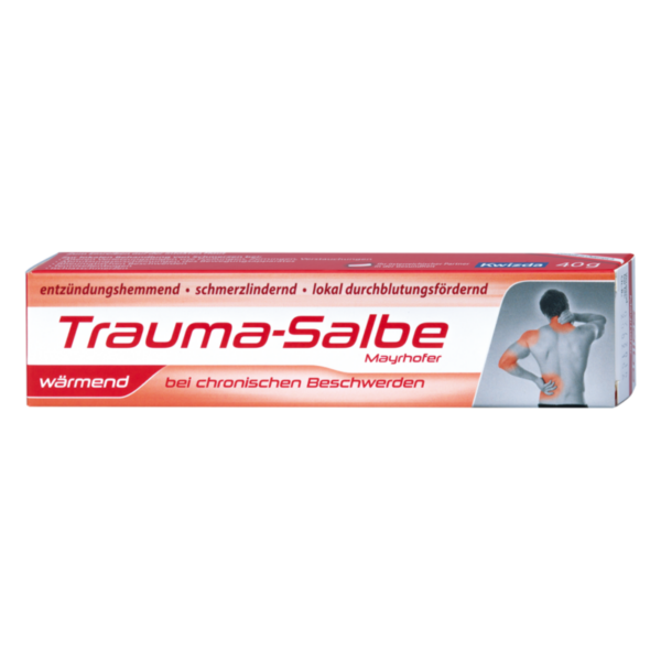 Tube Trauma-Salbe mit wärmender Wirkung zur Linderung chronischer Beschwerden, leicht rötlicher Verpackung.