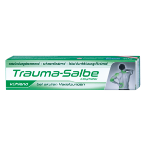 Verpackung der Trauma-Salbe Mayrhofer in einer Tube, kühlt und hilft bei akuten Verletzungen.