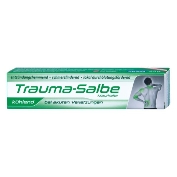 Verpackung der Trauma-Salbe Mayrhofer in einer Tube, kühlt und hilft bei akuten Verletzungen.