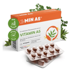 Packung mit Kapseln für Vitamin A5 und einer Beschreibung des Produkts, umgeben von grünen Pflanzen.