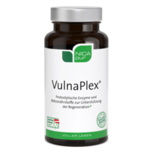 VulnaPlex Flasche mit proteolytischen Enzymen und Mikronährstoffen zur Regenerationsunterstützung, braune Verpackung.