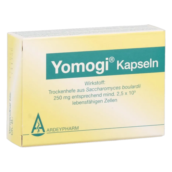 Verpackung von Yomogi Kapseln mit Informationen über den Wirkstoff und Hersteller.