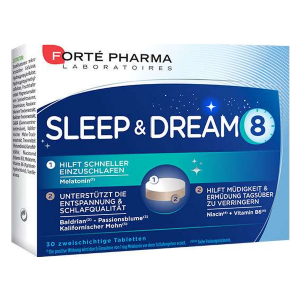 Verpackung von Forté Pharma Sleep & Dream 8, die schlaffördernde Tabletten mit Melatonin und Kräuterextrakten enthält.