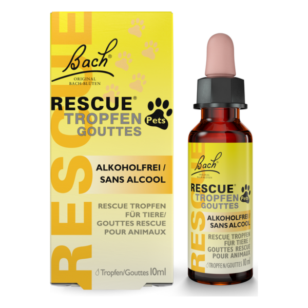 Flasche mit Rescue Tropfen für Tiere, alkohol- und farbstofffrei, in gelber Verpackung mit Pfotenabdruck.
