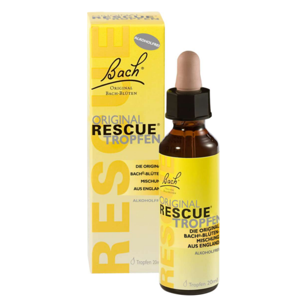 Flasche mit Bach Original Rescue Tropfen, umgeben von einer gelben Verpackung mit Informationsdruck.