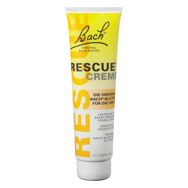 Tube mit Bach Rescue Creme zur Hautpflege, gelb-weiße Verpackung mit Beschreibung der Inhaltsstoffe.