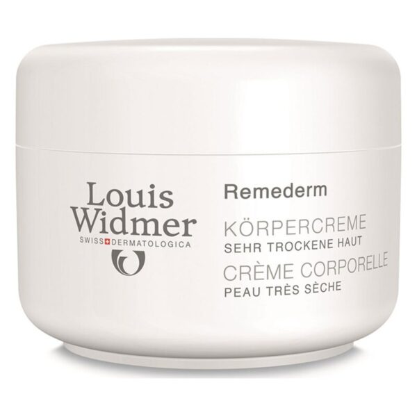 Weißer Tiegel mit Körpercreme von Louis Widmer für sehr trockene Haut, inklusive Produktnamen und Anwendungshinweisen.