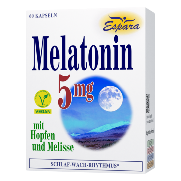 Packung mit 60 veganen Melatonin-Kapseln zu 5 mg, ergänzt mit Hopfen und Melisse, zur Unterstützung des Schlaf-Wach-Rhythmus.