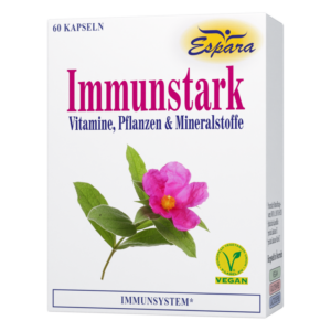 Verpackung von Espara Immunstark mit pinken Schriftzug, blühender Pflanze und Hinweisen zu Inhaltsstoffen und Veganität.