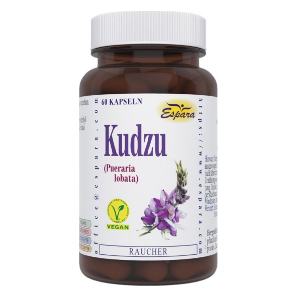 Braune Flasche mit Kapseln, Etikett zeigt Kudzu (Pueraria lobata) und veganes Symbol, 60 Kapseln.