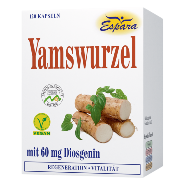 Verpackung mit Yamswurzel-Kapseln, abgebildet mit Wurzeln und Blättern, vegane Nahrungsergänzung, enthält Diosgenin.