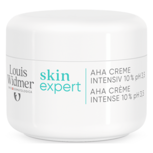 Weißer Cremetiegel mit Deckel, beschriftet mit 'skin expert AHA Crème intensiv 10 % pH 3,5' von Louis Widmer.
